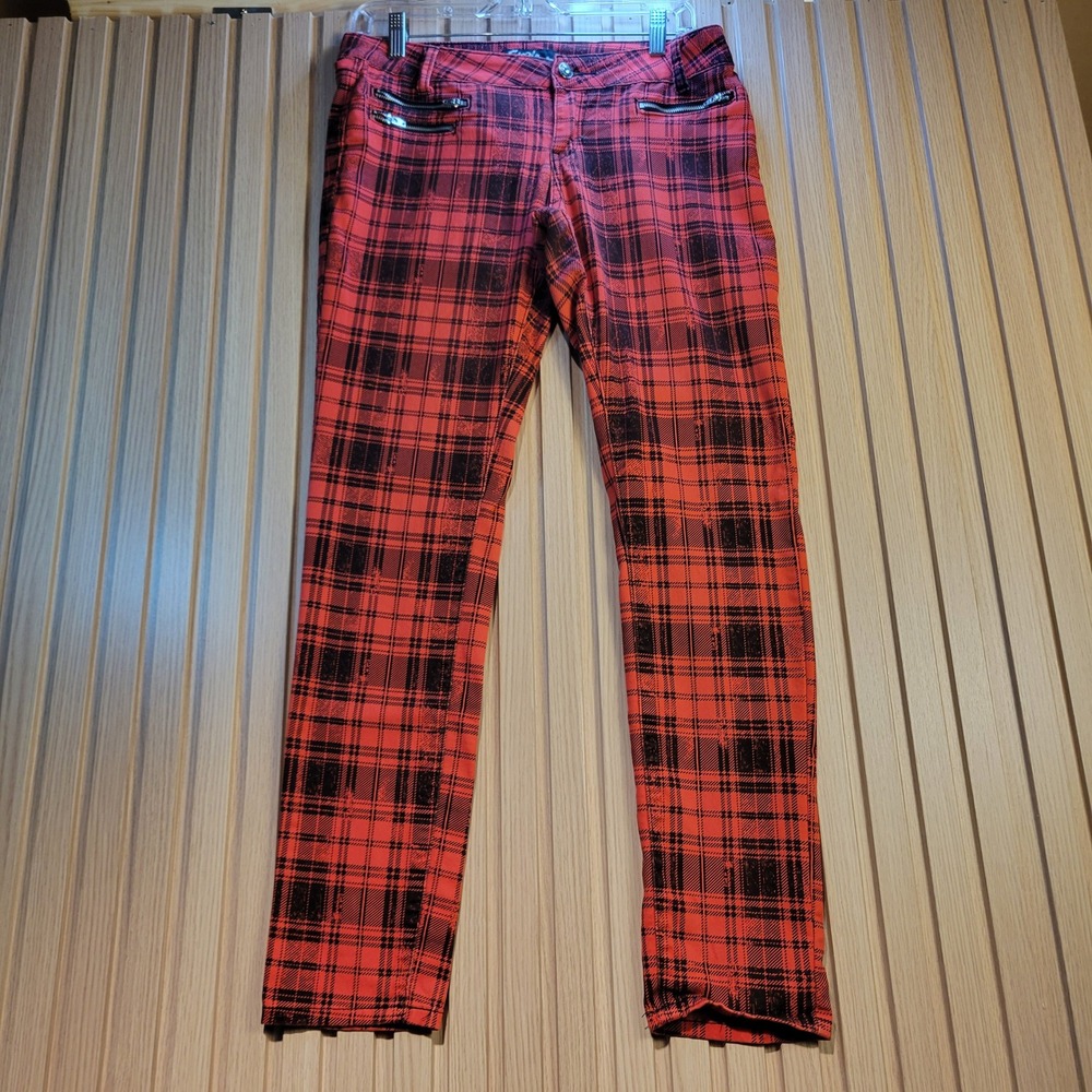 Sizzle Jeans Womens Red Black Plaid Skinny Pant Punk Grunge Zipper Detail Size 9